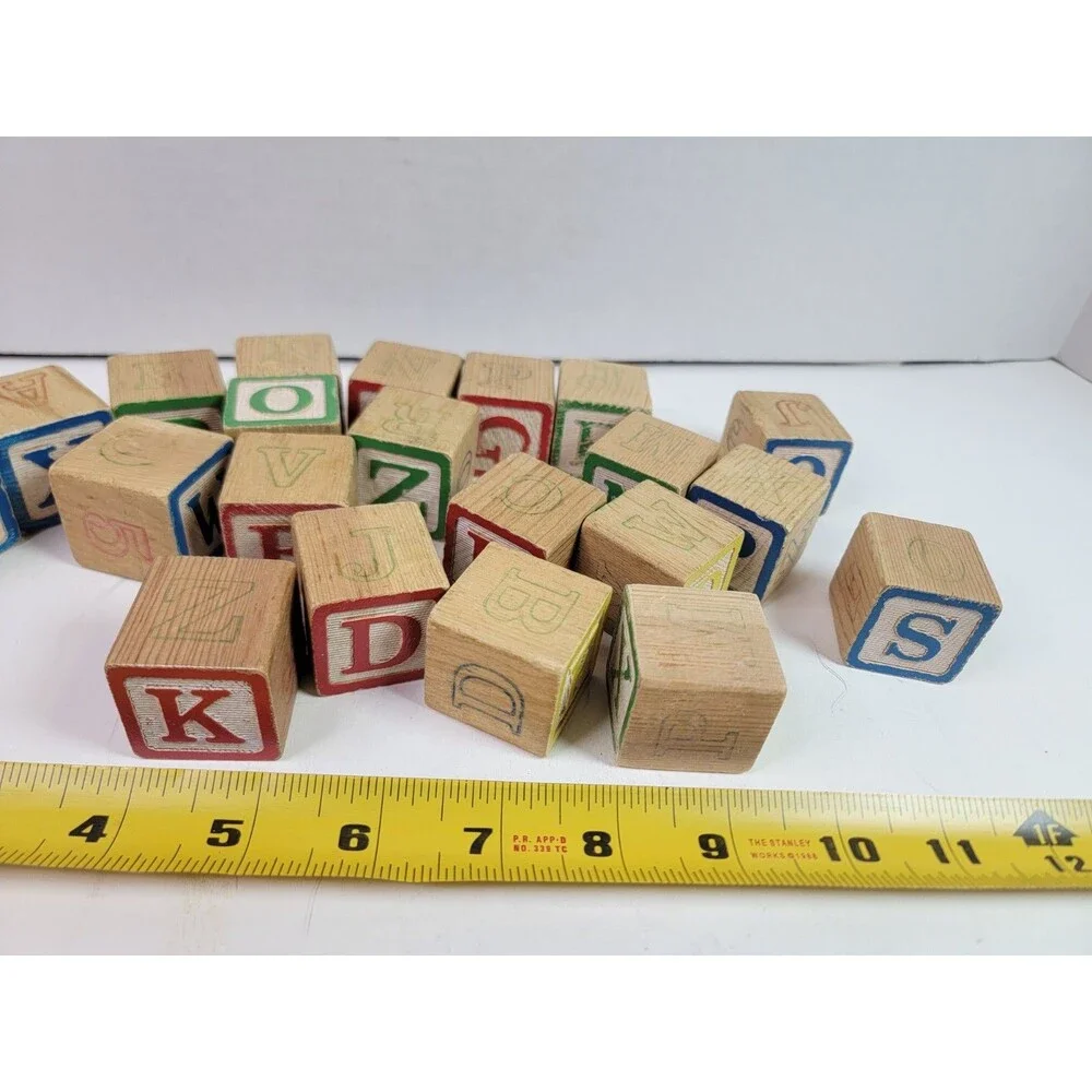 Wooden Alphabet ABC Blocks Vintage Style Colored Letter Learning Toy Lot